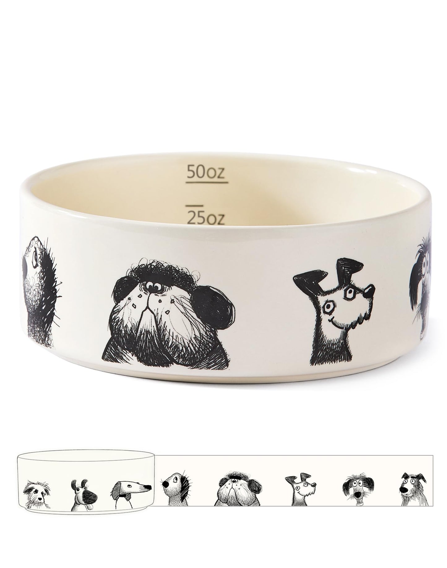 BICOPET Ceramic Cute Dog Bowl with Non-Slip Ring - 6.5 Cups, Heavy-Duty Stoneware Bowl, Pet Feeding, Microwave and Dishwasher Safe-Derpy-L (Single Bowl)