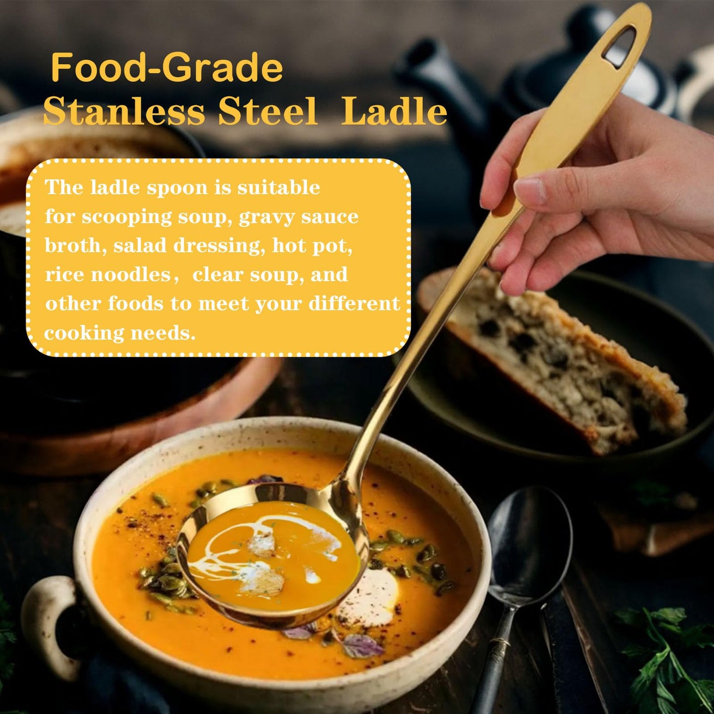 Soup Ladle, 2Pcs Stainless Steel Ladle spoon, 12.2Inch Metal Long Handle Serving Spoon for Cooking Buffet, Party, Kitchen, Gold