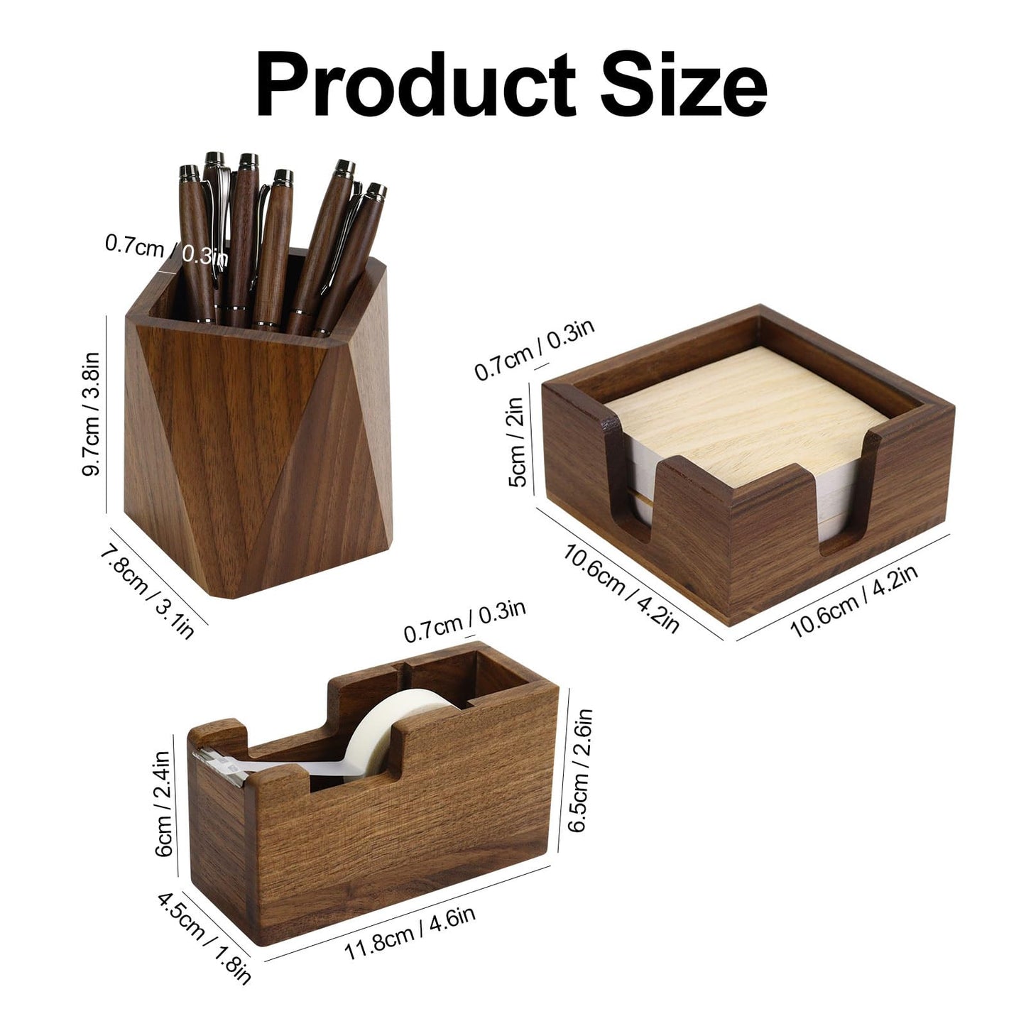 Buqoo Walnut Wood Sticky Note Holder and Tape Dispenser, Rhombic Pen Holder Desk Accessories for School N Home Office