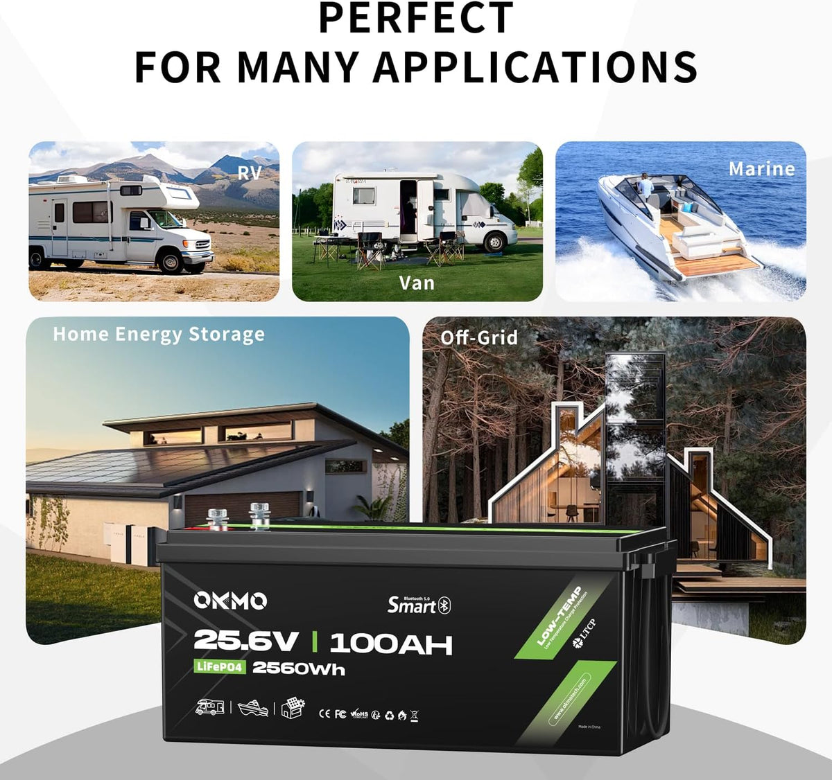 OKMO 24V 100Ah LiFePO4 Lithium Battery with Bluetooth for Marine, Trolling Motor, RV, 10 Years 15000+ Deep Cycles, 25.6V Iron Phosphate for Home Solar Energy Storage Off-Grid