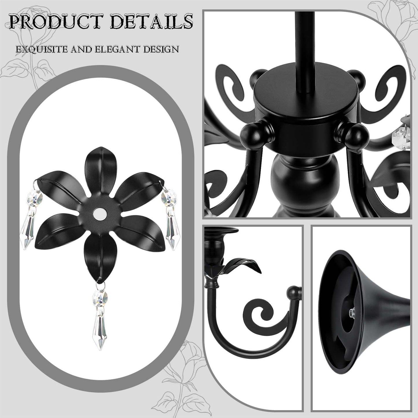 20''Tall Black Crystal Pendant Taper Candle Holders/Stylish Candle Stands/Candlesticks Holder/Candelabra for Home Decor, Weddings/Parties/Elegant Dining Table Centerpiece (1, Black)