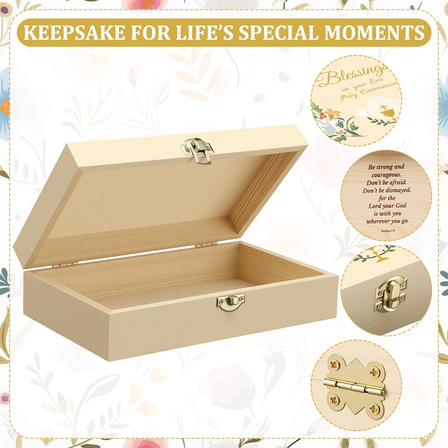 CroBlissful First Communion Wooden Box Keepsake Baptism Memory Box Gift 8.6 x 5.1 x 2.4 Inches First Holy Communion Jewelry Storage for Baptism Memory Keepsake(Floral)