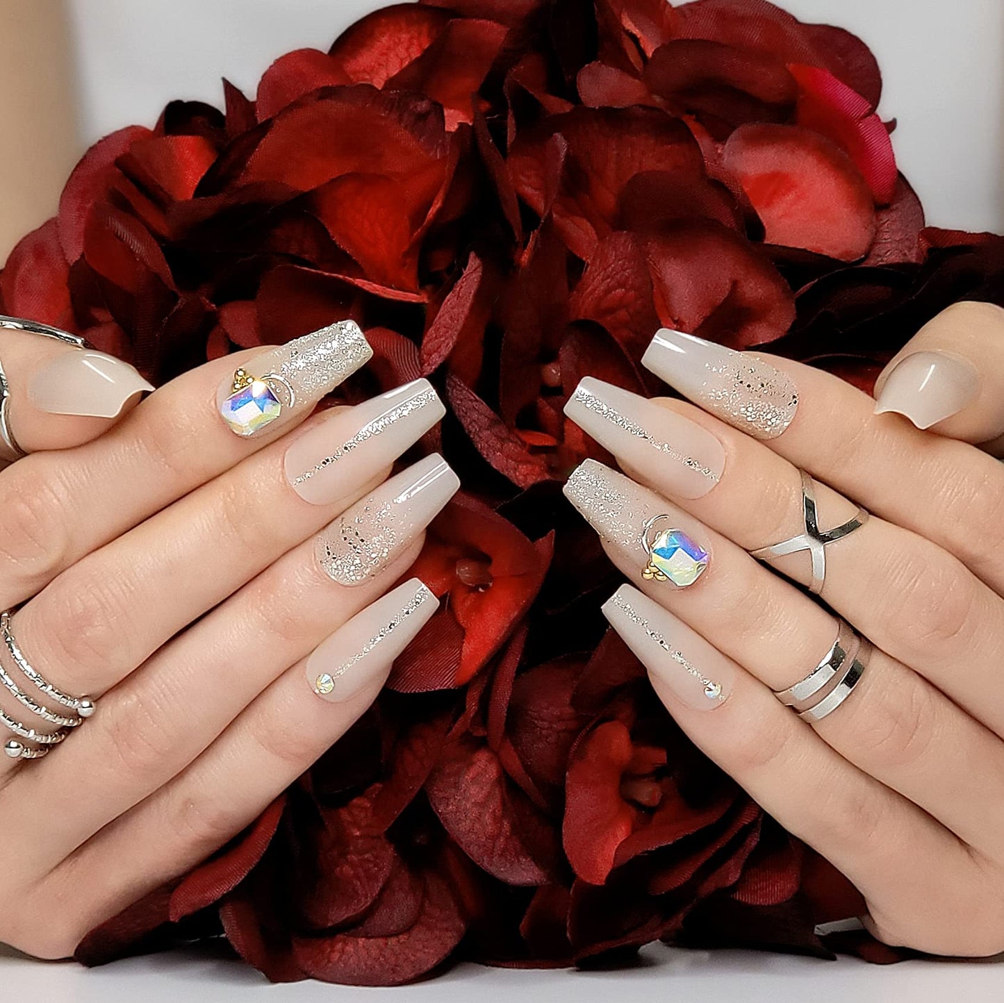 Hypnaughty 24 Pcs Jewels Rhinestone and Ombre Glitter Nude Luxury Coffin Bling Press on Nails with Design and Glue Medium Long Nude False Nails with Gems (Jewels)