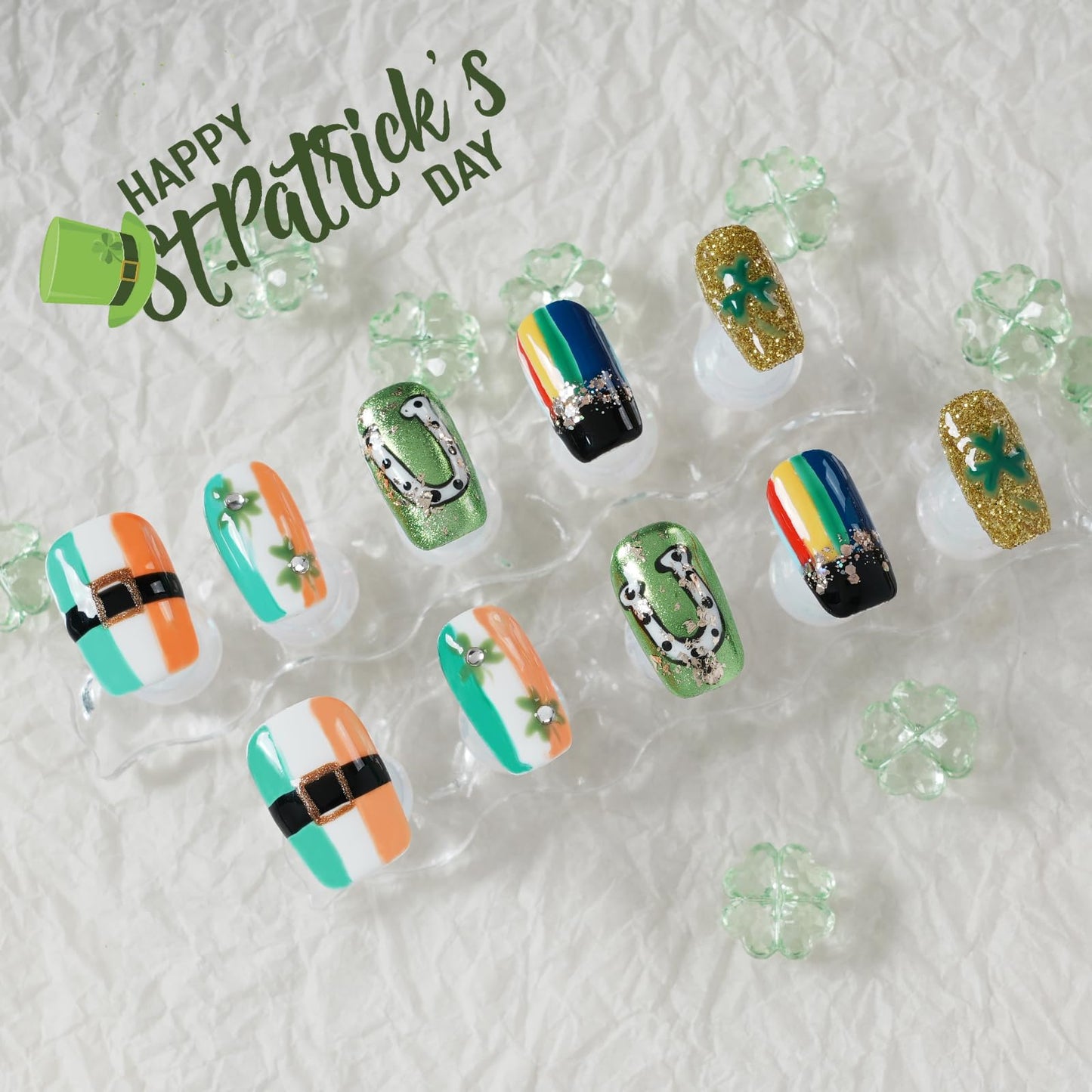 Tesytto Medium Square Press on Nails - Irish Flag Green White Orange Nails with Lucky Shamrock & Belt Design, Rainbow & 3D Gold Glitter Spring Summer Fake Nails (Size L)