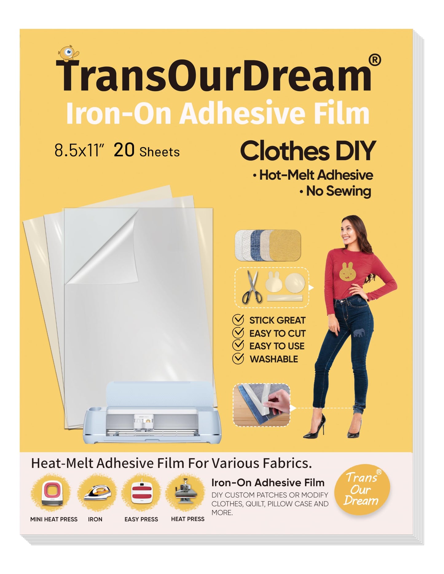 TransOurDream Iron on Double Sided Adhesive Sheets (20 Sheets, 8.5x11) Fabric Glue for Heat Press Patches, Easy to Cut, Great Stickiness