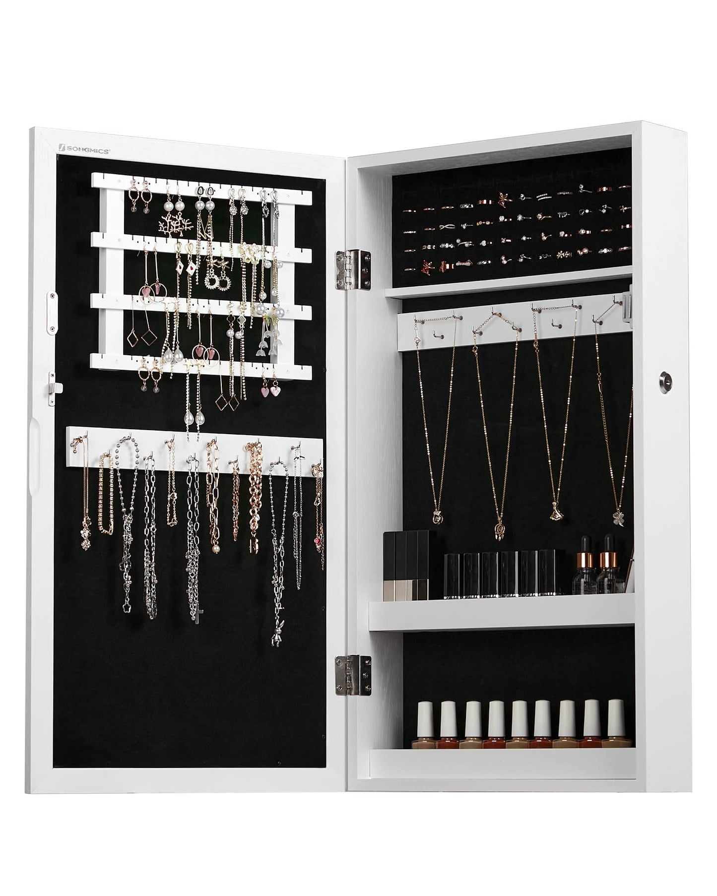 SONGMICS Lockable Jewelry Cabinet Armoire with Mirror, Wall-Mounted Space Saving Jewelry Storage Organizer, White UJJC51WT