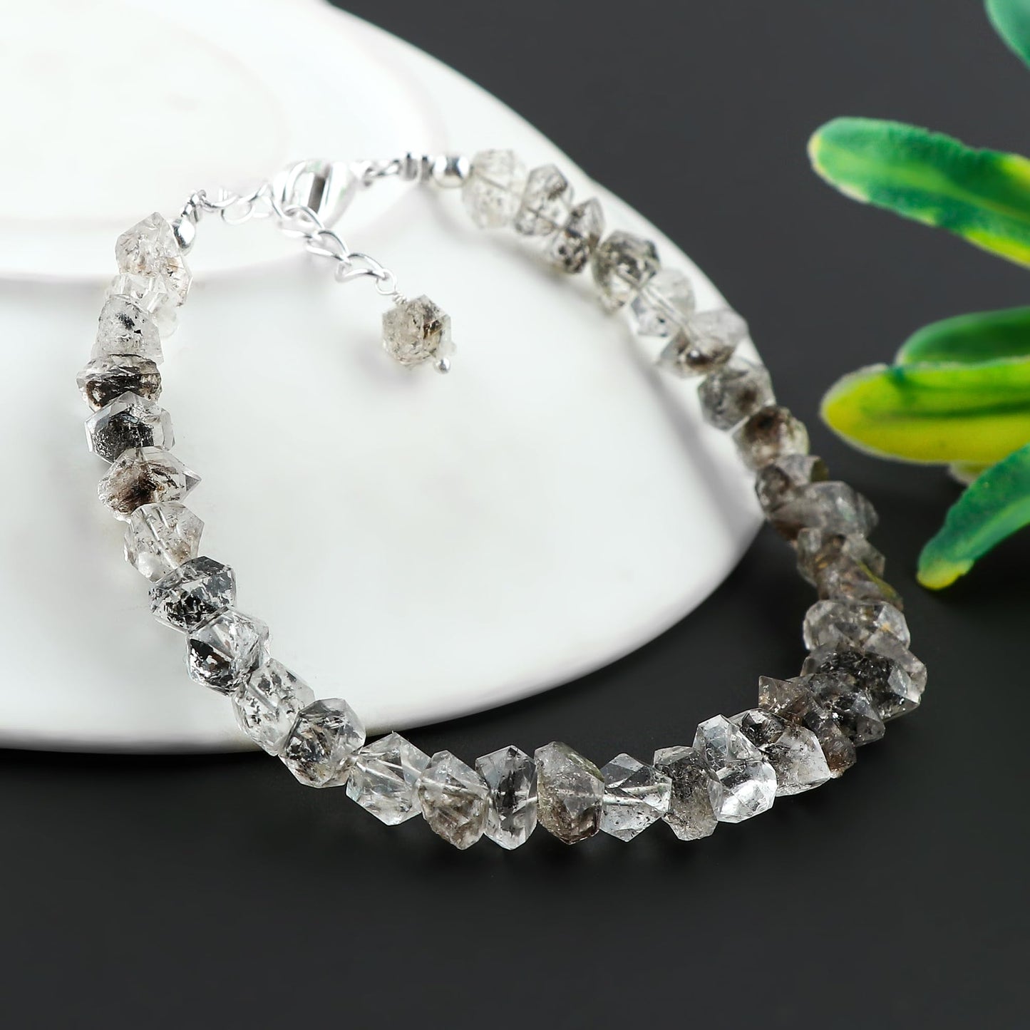 CRYSTALINES Natural Raw Black Herkimer Diamond Quartz Gemstone Bracelets, Rough Quartz Stones Dainty Handmade Boho Bracelet, Healing Crystals Silver Plated Jewelry, Christmas Gift