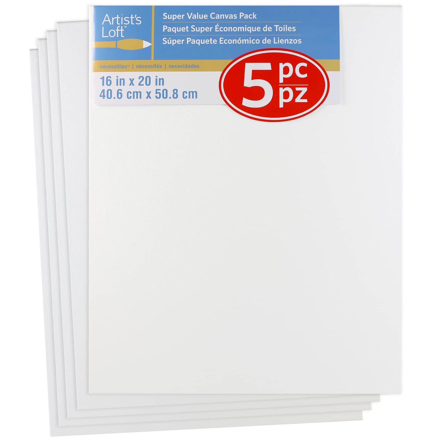Artist's Loft 5 Count 16” x 20” Super Value Canvas - Acid Free Cotton Canvas for Paint, Acrylic, & Oils - 1 Pack