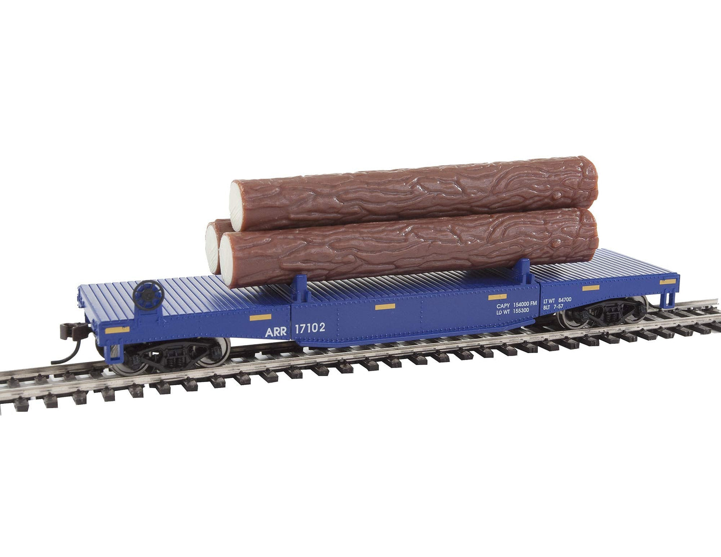 Walthers Trainline Log Dump Car with 3 Logs-Ready to Run-Alaska Railroad #17102 (Blue, Yellow Conspicuity Marks) 931-1770 HO Scale Model Railroad - Freight Model