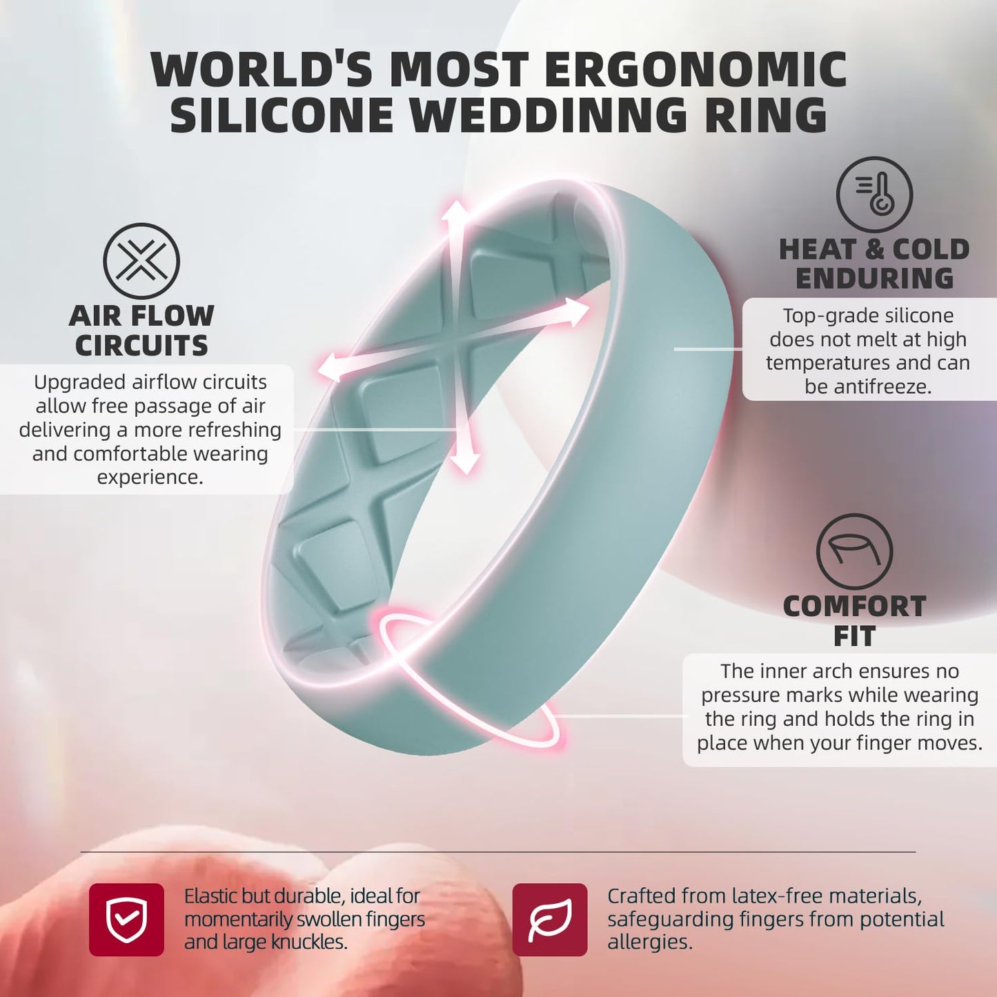 Egnaro Women’s Silicone Engagement Rings, Inner Arc Ergonomic Breathable Design with half sizes, Rubber Wedding Bands，5.5mm Wide-2mm Thick