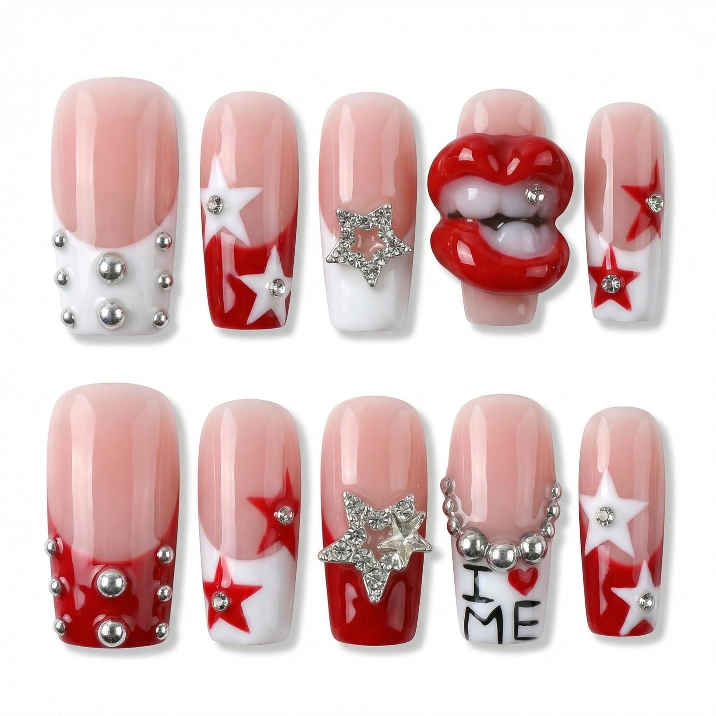 Medium Square Handmade Press on Nails Red White Star & 3D Lips Embellishment Luxury Thick Acrylic Fake Nails 3D Rhinestone Nails Press Ons Stick on Nail for Women 10Pcs (Size M)