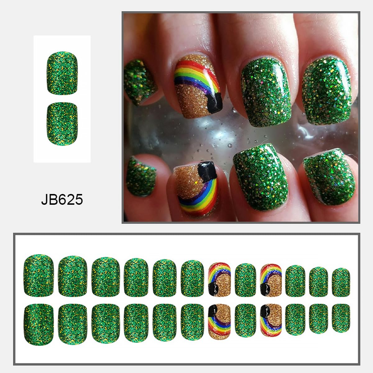 24Pcs St. Patrick's Day Press on Nails Short Square Fake Nails Gold Green Glitter Full Cover Artificial Glue on Nails with Rainbow Coin False Nails Irish Stick on Nails for Women DIY Nail Supplies