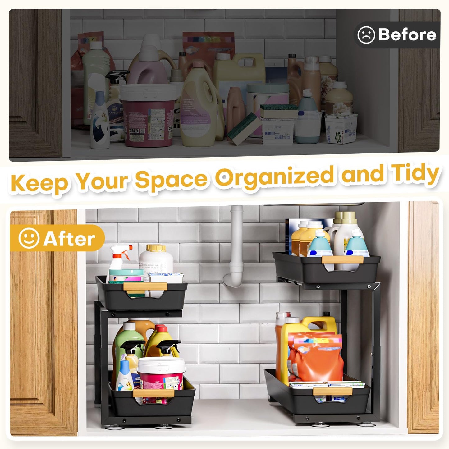 Homde 2-Tier Under Sink Organizer: 2pcs Set Adjustable Pull Out Drawer Undersink Cabinet Storage Rack for Home Kitchen Bathroom