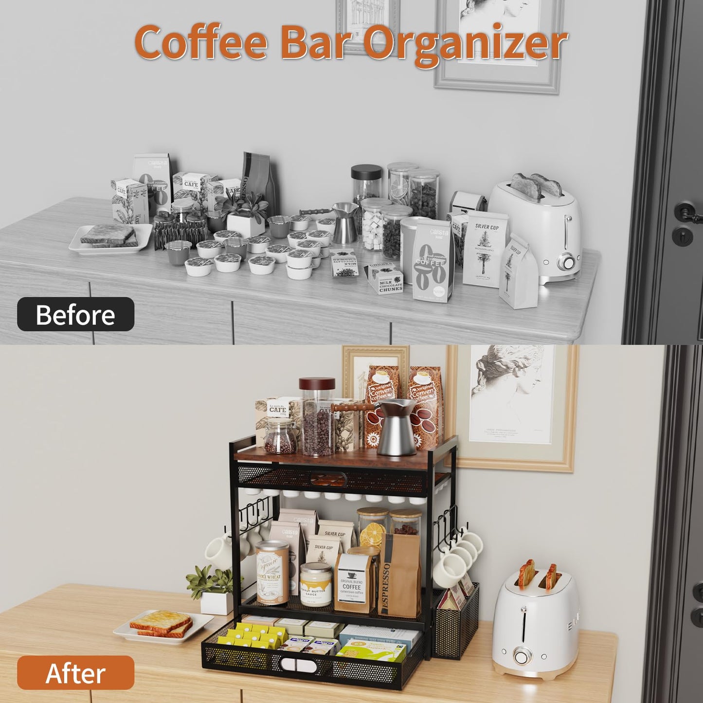 Coffee Bar Organizer Station with CoffeePod Drawer Mug Cup Holder and Tea Condiment Storage for Countertop Organizer CoffeeBar Accessories for Kitchen,Home,Office