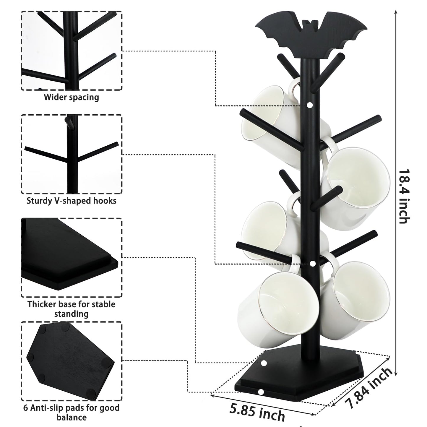 RSSCIIIUL Bat Mug Holder Tree - 8 Hooks Rack for Gothic Home Decor - Wood Mug Tree for Countertop - Cup Holder for Halloween Kitchen Organizer & Coffee Bar Accessories