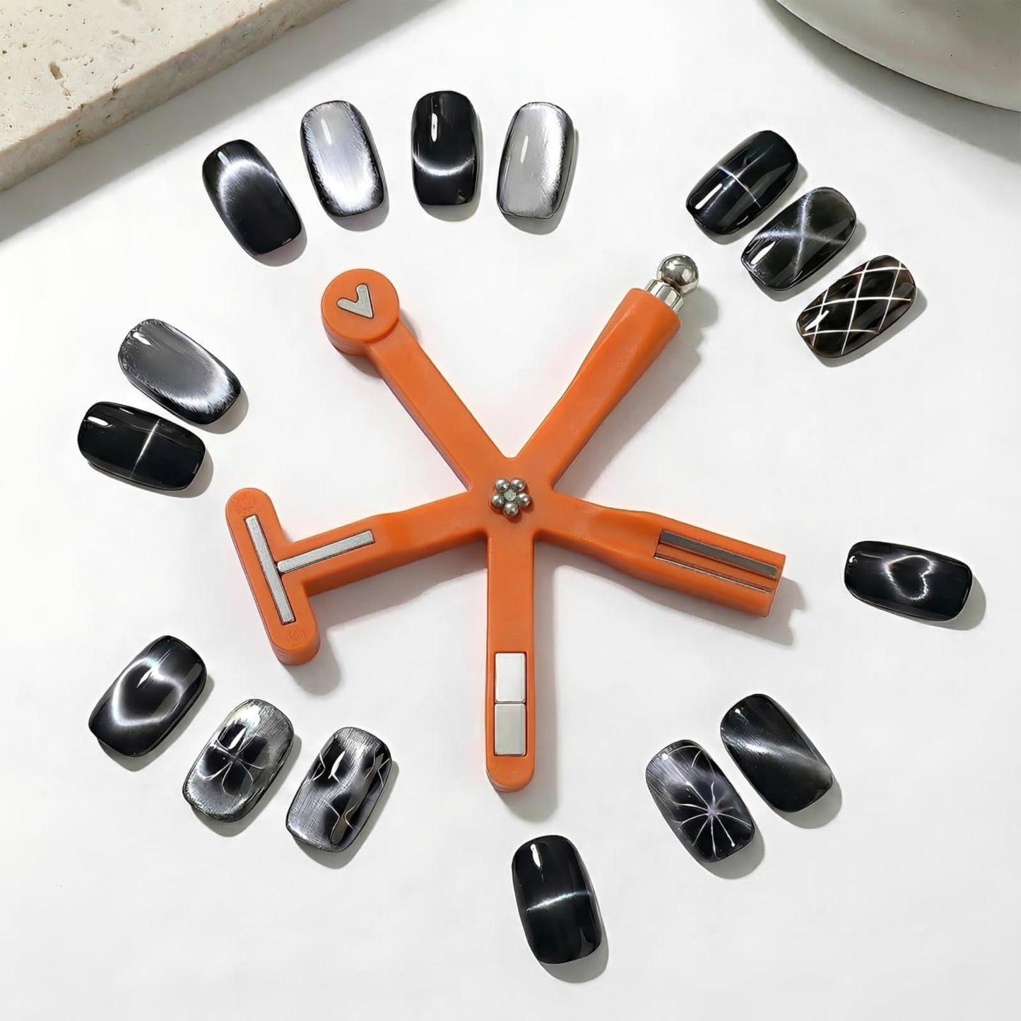 Plman 8 In 1 Cat Eye Magnet Tool with Magnetic Bead for Cat Eye Gel Nail Polish - Neodymium Nail Art Tools for Beginners DIY at Home and Professional Salon (8 in 1 Set - Orange)