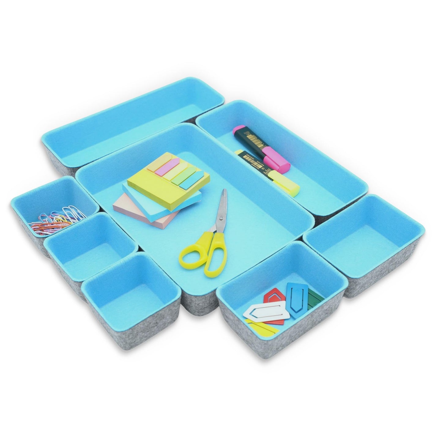 Welaxy Drawer organizers bins dividers storage trays shallow organizing box for office supplies makeup nightstand catchall key holder cozy room decor 8-piece (Baby blue)