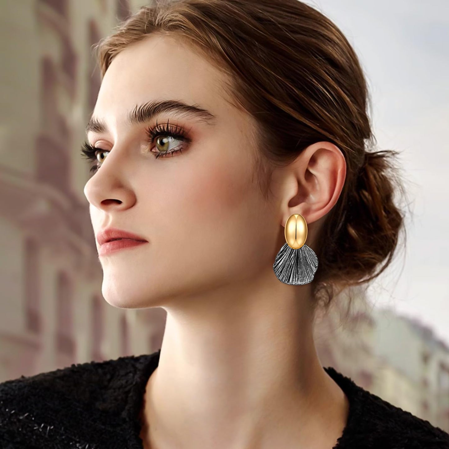 FILMOON Gold Plated Earrings Dangle Shell Earring for Women Two-Tone Fan-shaped Black Earrings Fashion Statement Jewelry