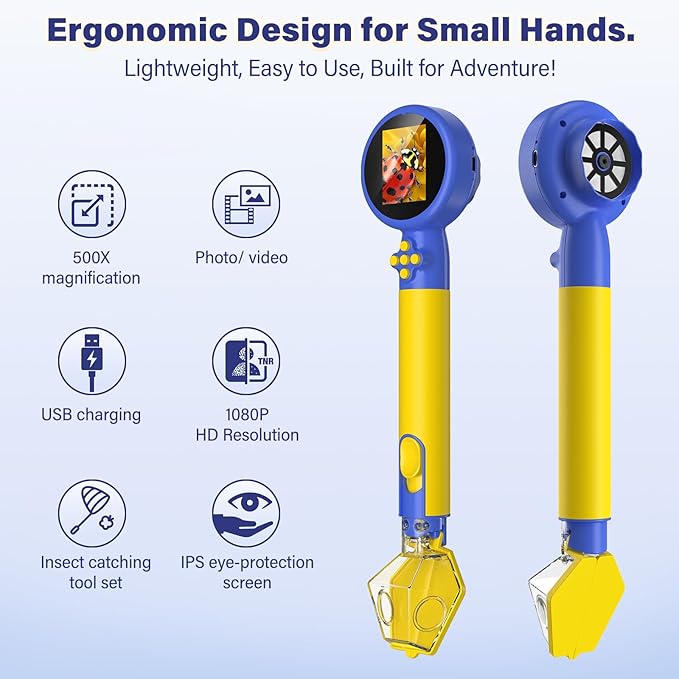 Microscope for Kids with Bug Catcher, 1080P HD Digital Handheld Portable Kids Microscope, 2 in 1 STEM Science Educational Learning Kit Christmas Birthday Gifts Toys for 3-15 Boys & Girls (Blue)