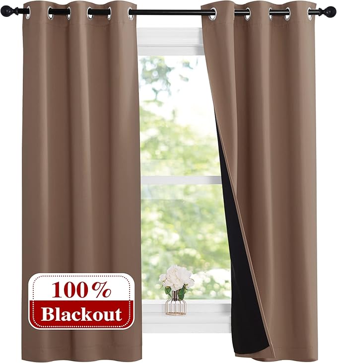 NICETOWN Cappucciono Kitchen Full Blackout Short Curtain Panels, Super Thick Insulated Window Covers, Keeping Out Cold Air and Heat 100% Blackout Blinds with Black Liner (Set of 2, 37 by 63-inch)