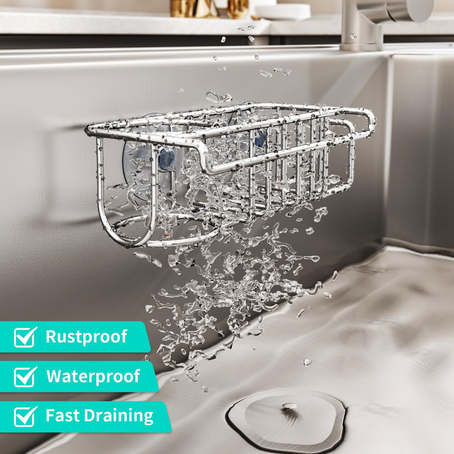 HapiRm 4 in 1 Sink Caddy Sponge Holder, SUS304 Stainless Steel Kitchen Brush Holder and Dish Cloth Hanger, Kitchen Organizers and Storage Essentials - Silver
