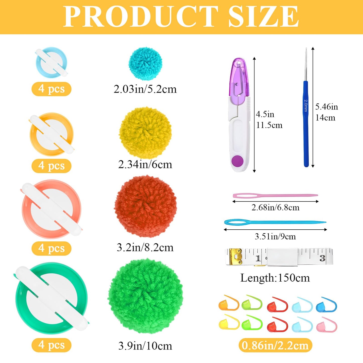 Supkiir 16 Pcs Pompom Makers for Yarn, 4 Sizes Pom Pom Makers with Scissor Accessories, DIY Fluff Ball Weaver for DIY Wool Yarn Knitting Craft Project and Crochet Knitting