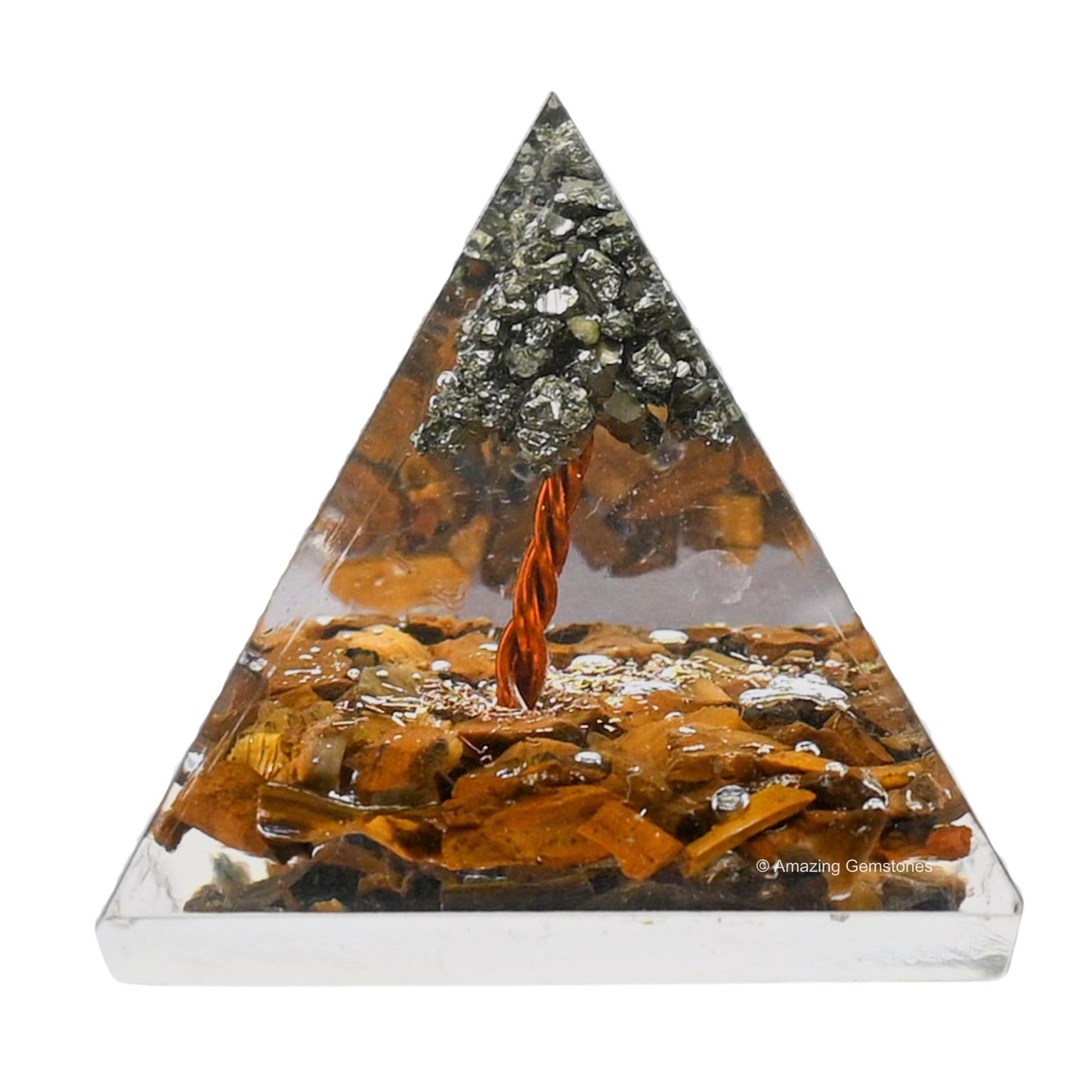 Amazing Gemstone Tiger Eye with Pyrite Tree Orgone Pyramid - 30mm Small Orgonite Pyramids with Crystals and Healing Stones - Authentic Organite Gifts