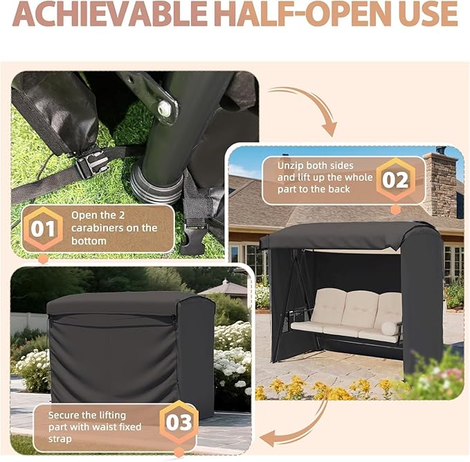 U-MAX Porch Swing with Cover, Patio Swing with Adjustable Backrest&Canopy 3 Seat Outdoor Swing with Canopy 2-in-1 Convertible Patio Daybed with Removable Black Cushions