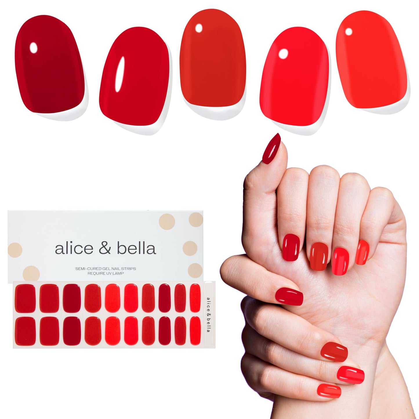 ALICE & BELLA Valentine's Day Semi Cured Gel Nail Strips-20 PCS Multi-Color Red Gradient Gel Stickers, Use with UV Light Lamp, Salon Quality Manicure Wraps (Gradient Red Skittles)
