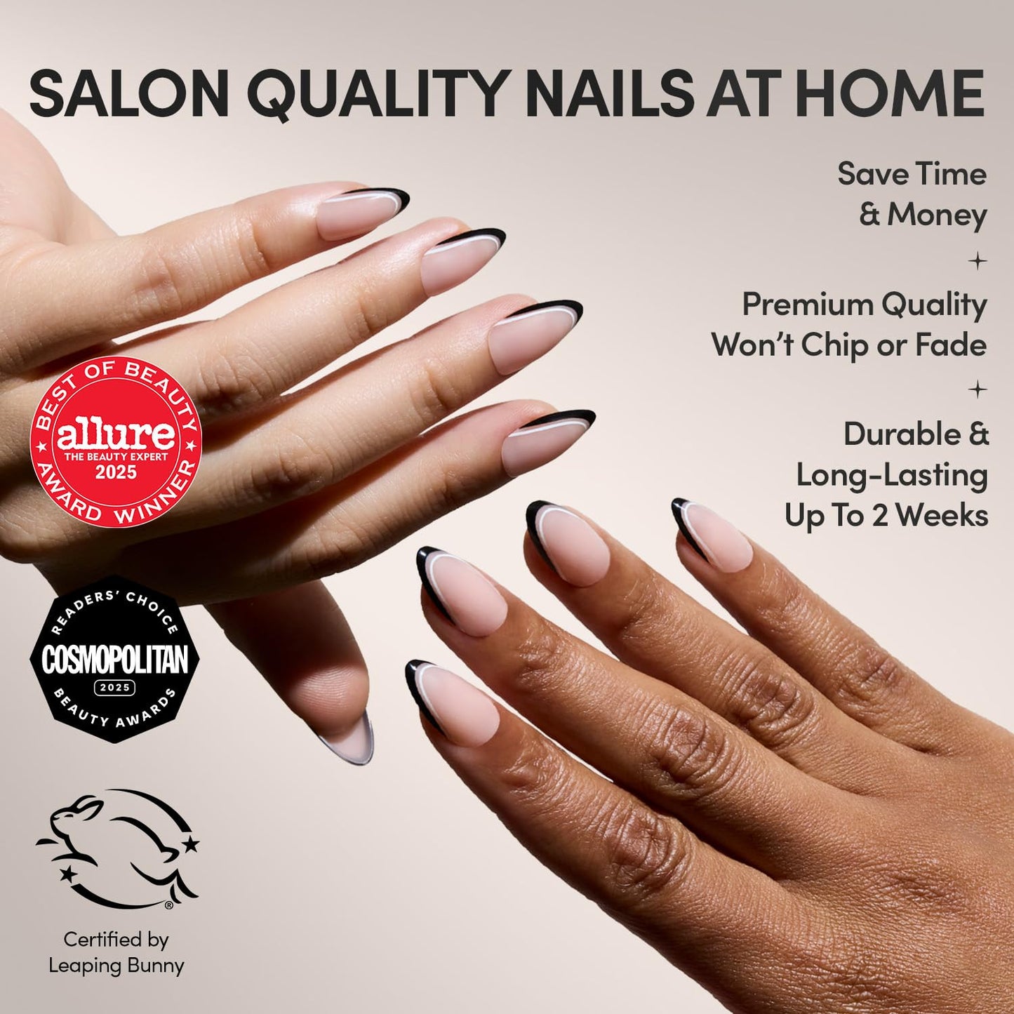 Glamnetic x GLAMZILLA Press On Nails - NO IN BETWEEN | Short Almond Fake Nails, Black & White Micro French Tips, Salon Quality, Everyday | 15 Sizes - 30 Nail Kit with Glue