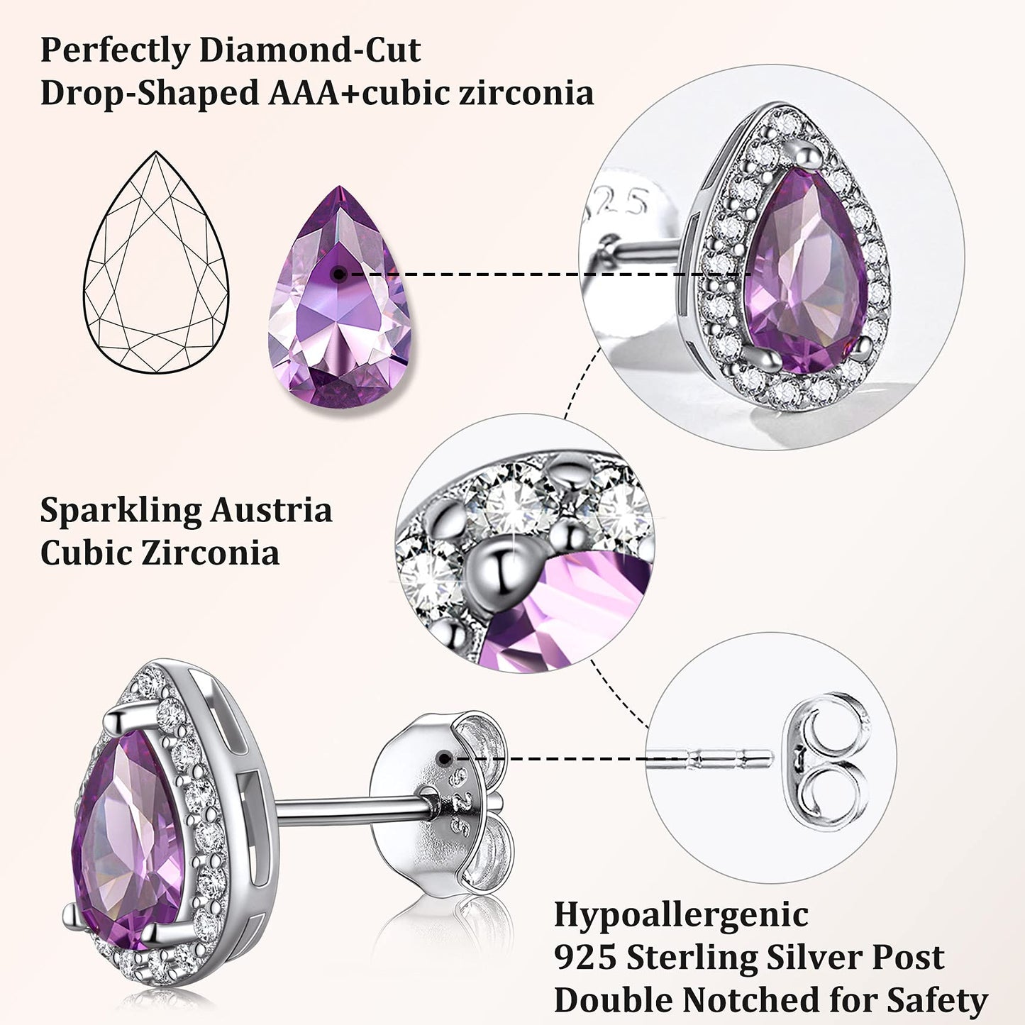 Bestyle Flattering June Alexandrite Teardrop Crystal Earrings CZ Stud Earrings for Women Dainty 925 Sterling Silver Hypoallergenic Earrings for