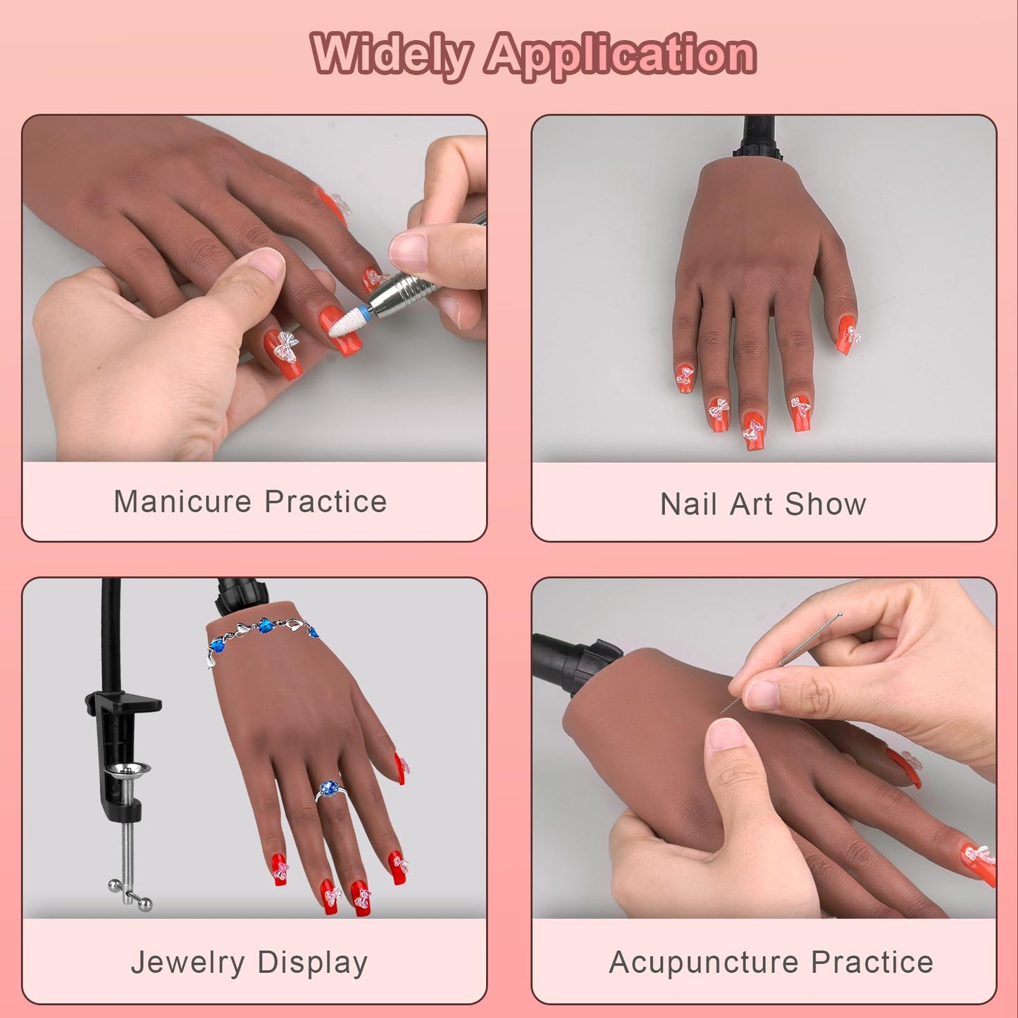 Practice Hand for Acrylic Nails，Nail Practice Hand with Stand Bracket, Flexible Bendable Silicone Nail Practice Fake Hand, Nail Training Mannequin Hand for Acrylic Nails for Beginners, Nail Tech