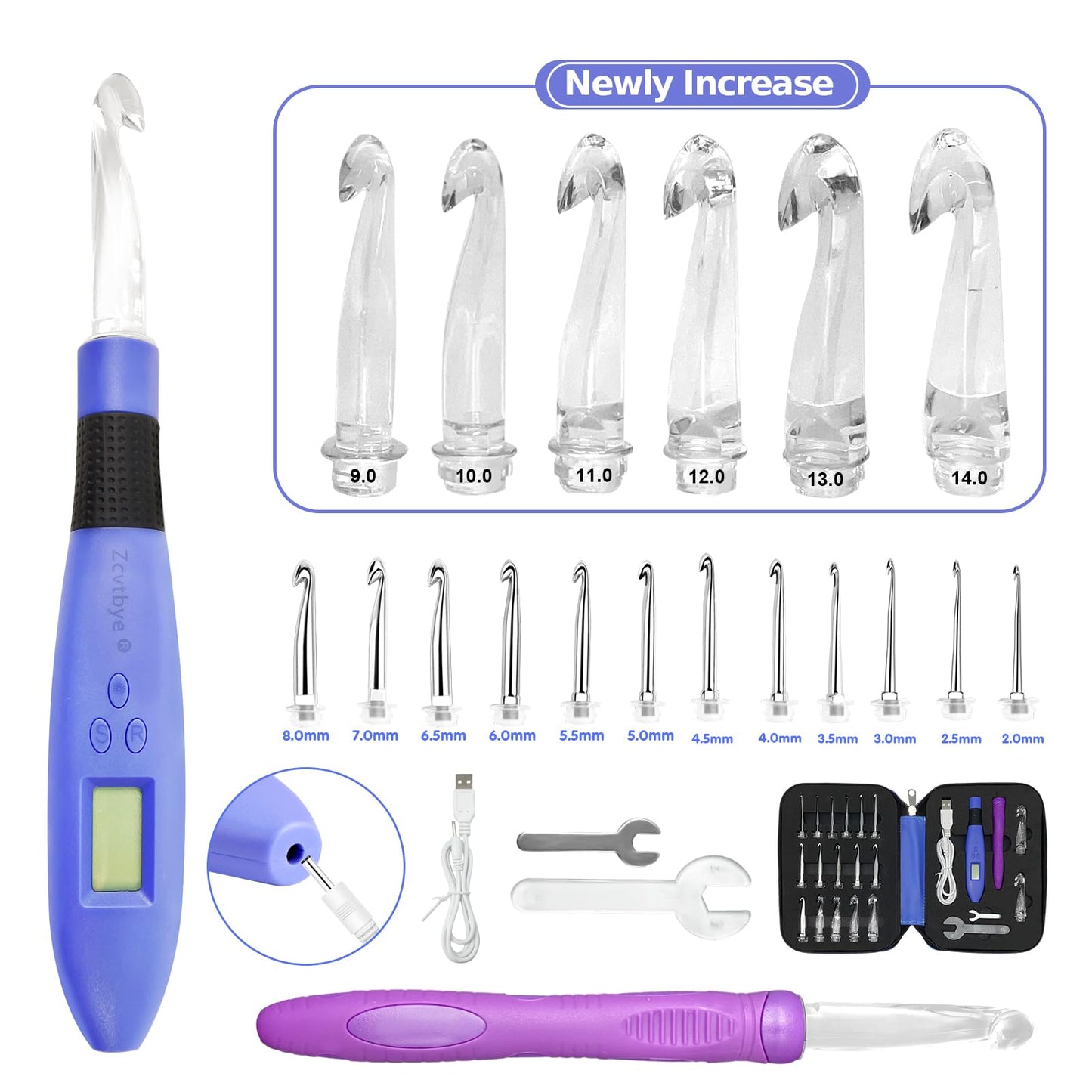 Zcvtbye 18 Size Counting Crochet Hook for Beginners, Lighted Led Digital Row Stitch Counter with Ergonomic Soft Handle, Interchangeable Metal Hook Heads, USB Rechargeable for Dark Yarn