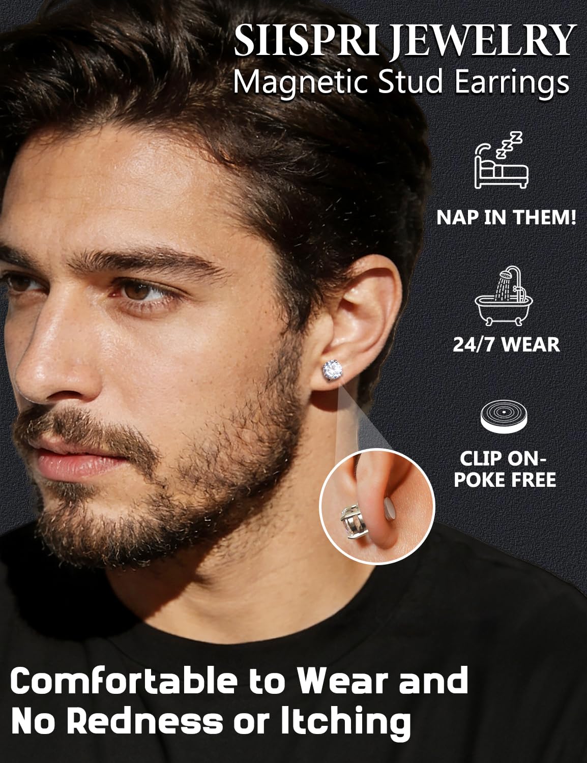 4 Pairs Stainless Steel Magnetic Stud Earrings for Men Women Non Piercing Clip on CZ Earrings 6MM (4 Pairs a Set,6MMBlack + Silver)