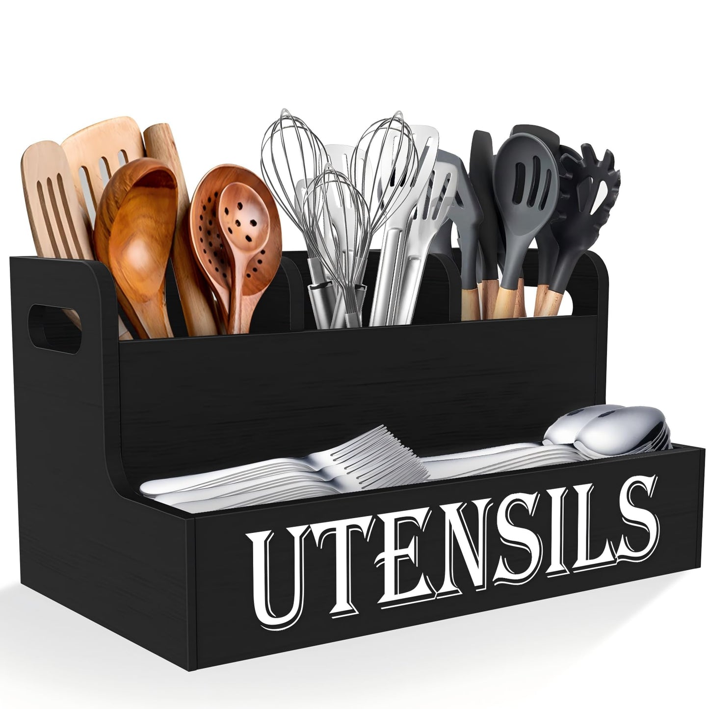 Suli Kitchen Utensils Holder, Wooden Utensil Organizer for Kitchen Countertop, Farmhouse Utensil Storage, Rustic Cooking Utensils ,4 Compartments,- Black