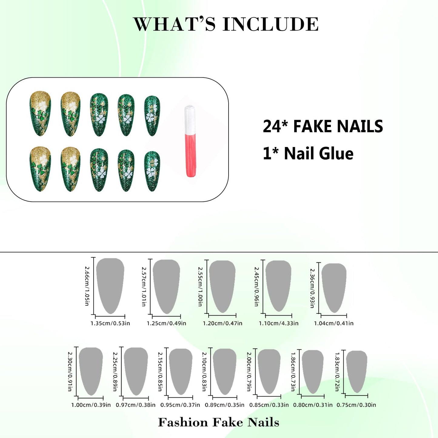 IMRAIN Press on Nails Medium Almond Fake Nails Green Golden Sequins, Clover Designs Glossy Glue on Nails Full Cover Stick on False Nails