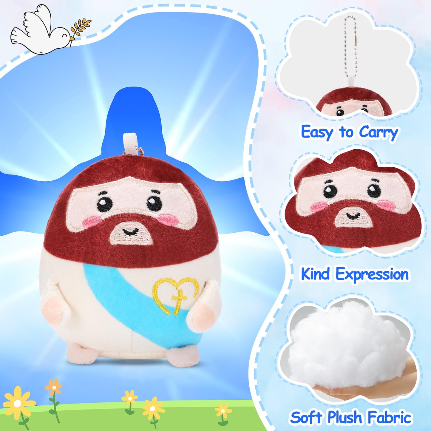 Civaner 12 Pcs Christian Jesus Plush Toys Bulk, 5" Mini Stuffed Plush Dolls with Keychain Faith Religious Gifts for Church Giveaways, Sunday School, Vbs, Baptism