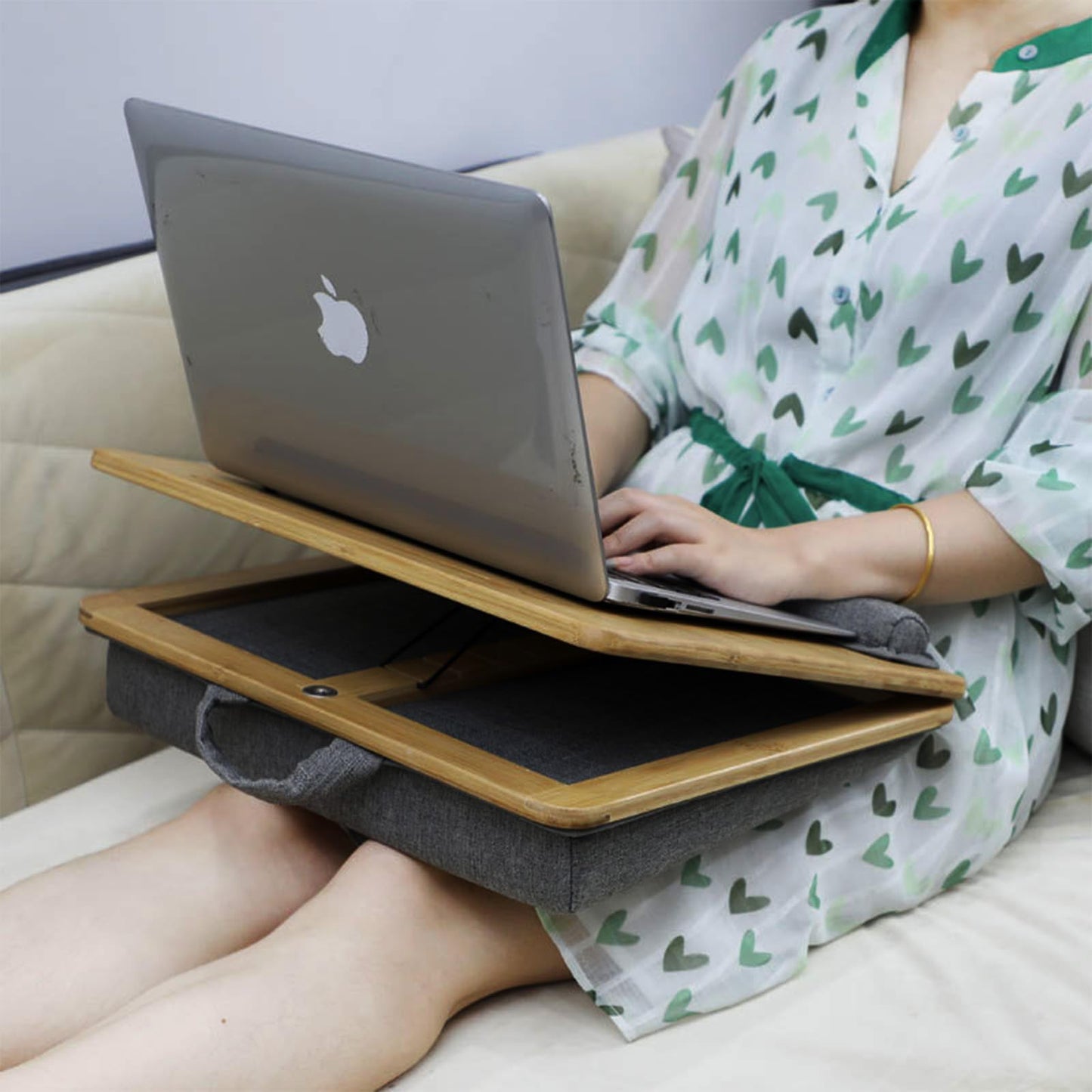 SANJIMO Adjustable Lap Desk for Laptop with Cushion, Bamboo Laptop Stand with Anti-Slip Strip Tablet Phone Holder, Fits up to 15.6 inch or 14 inch with Mouse Space