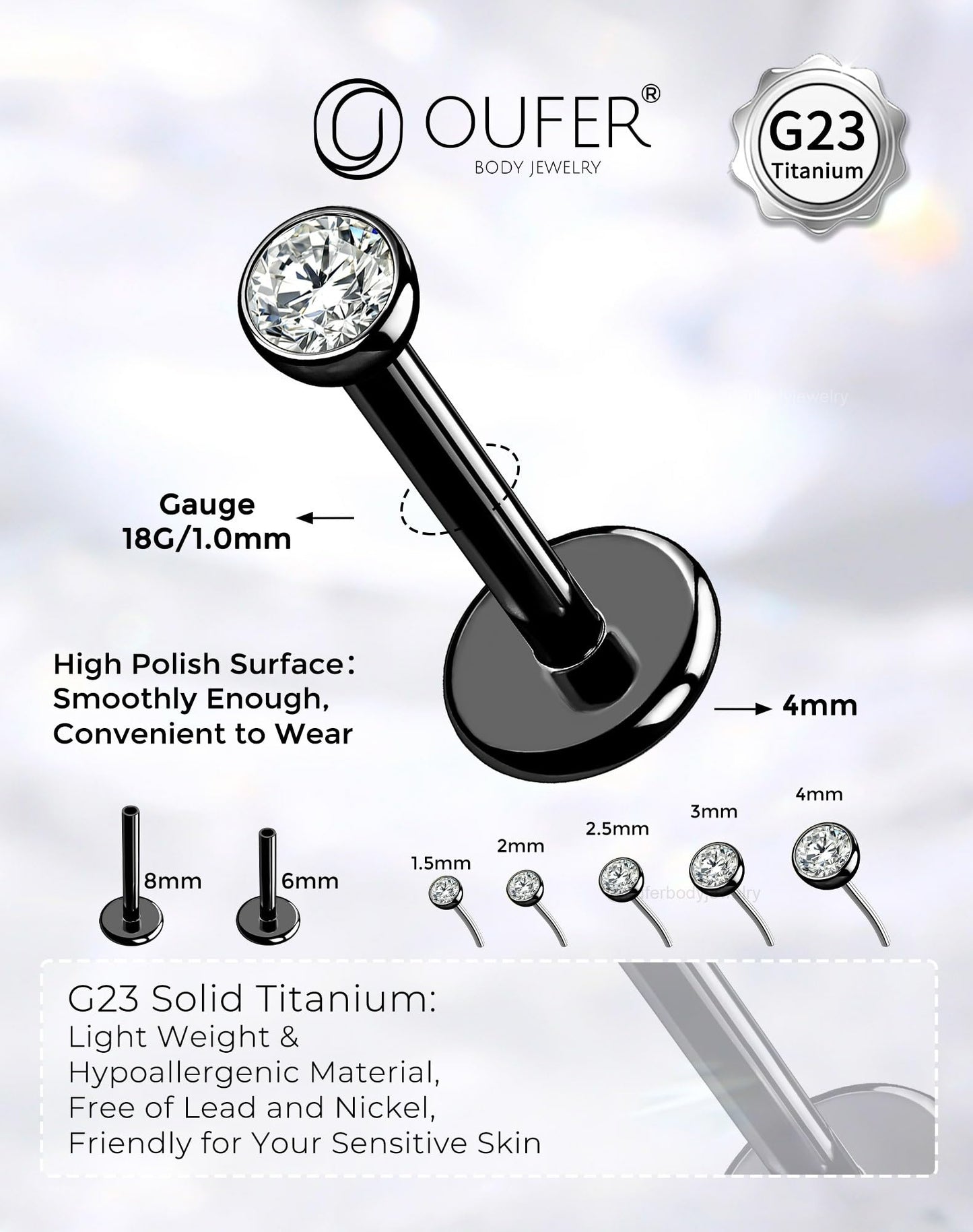 OUFER 2Pcs Nose Studs, 18G G23 Solid Titanium Threadless Nose Earrings Flat Back Tiny CZ 2MM Black Nose Helix Cartilage Piercing Jewelry for Women Men-6MM