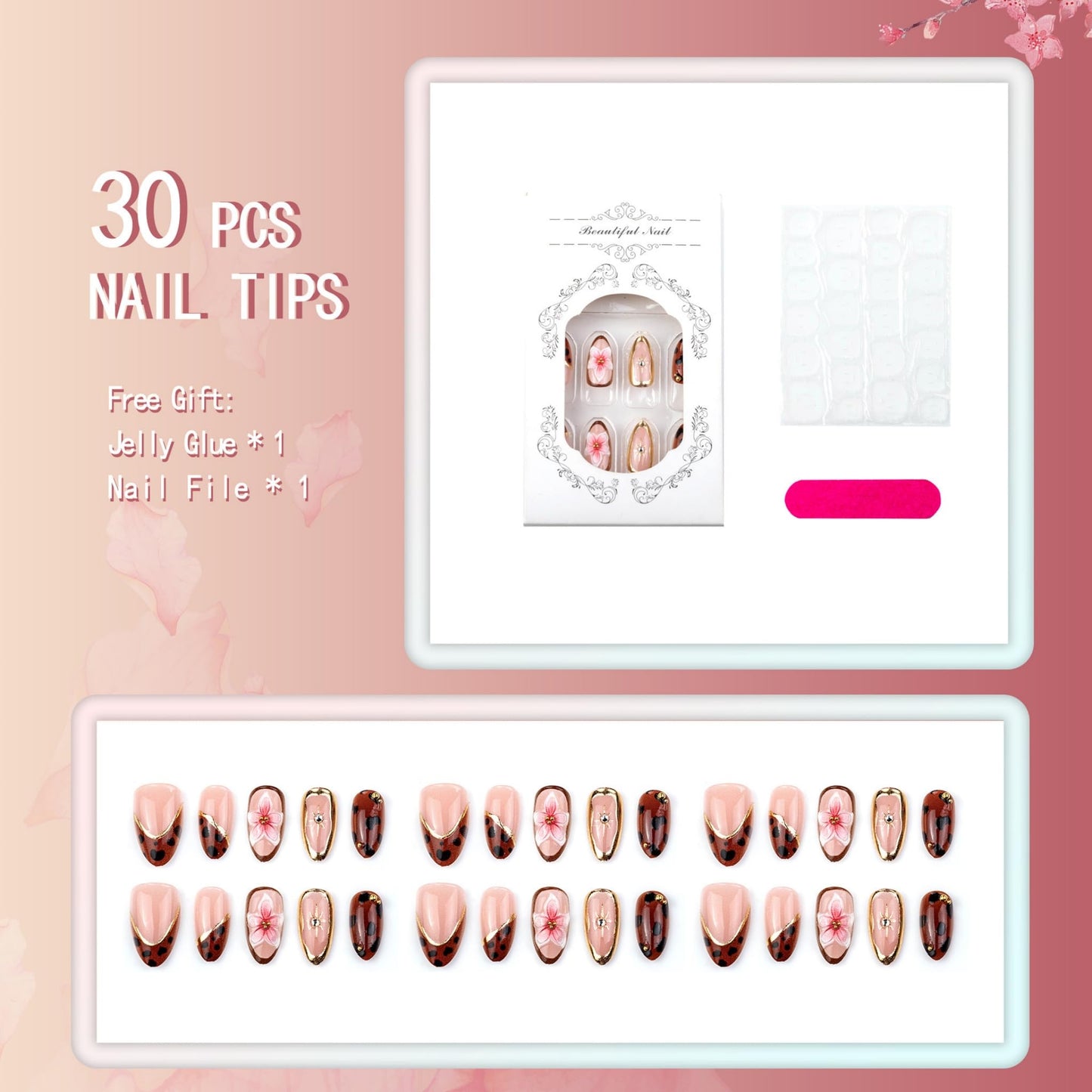 Medium Press on Nails Almond Fake Nails Brown Artificial Nail Tortoise Stick on Nail with 3D Flower Gold Frame Rhinestone Accent for Women 30pcs