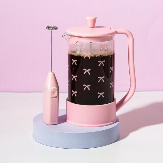 Paris Hilton Bow Design French Press and Frother Coffee Gift Set, Includes a 8-Cup Coffee Press and Battery Operated Handheld Milk Frother, 2-Piece Set, Pink