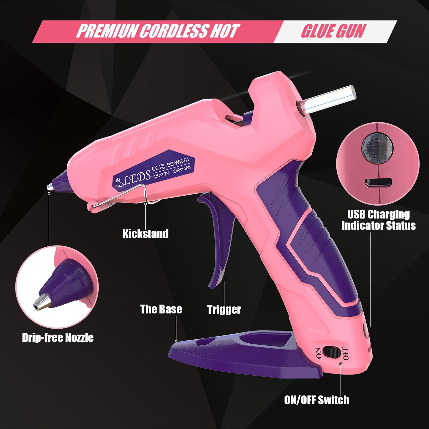 BLEDS Cordless Hot Glue Gun, Fast Preheating Mini Glue Gun Kit with 30 Glue Sticks & Storage Case, 2900mAh Rechargeable Anti-Drip Wireless Glue Gun for DIY Crafts, Home Repairs and School Projects