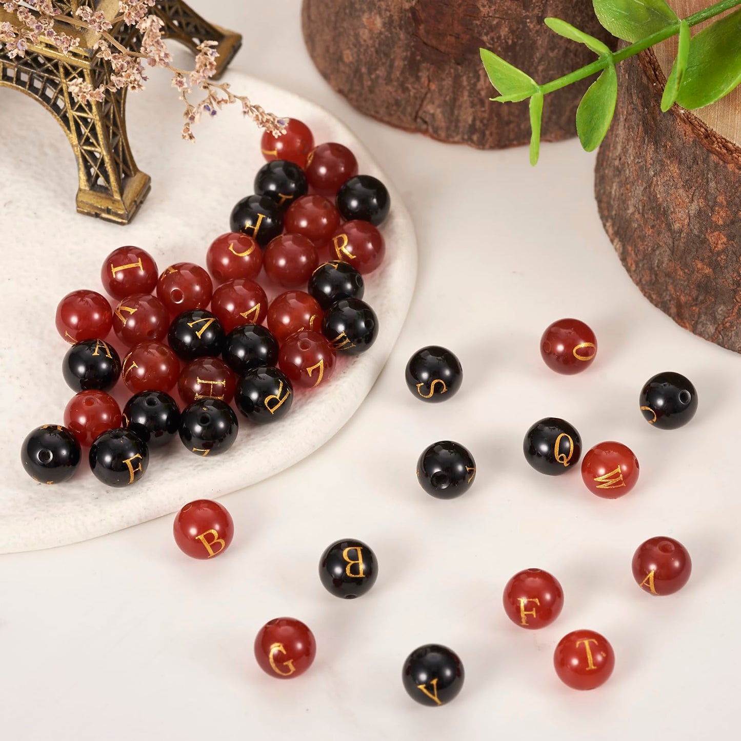 52Pcs 8mm Natural Agate Gemstone Letter Beads Red Black Agate Stone Beads Alphabet A~Z Natural Stone Bead Round Loose Gemstone Bead for DIY Earring Necklace Jewelry Making