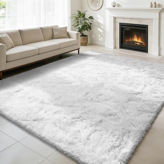 Shag Area Rug for Bedroom 4x6,White Fluffy Area Rugs for Living Room,Soft Fuzzy Rug Non-Shedding Indoor Plush Carpet for Kids Bedroom Nursery Dorm Home Decor