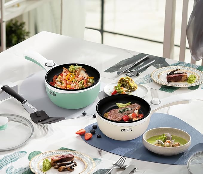 Dezin Hot Pot Electric Upgraded, Non-Stick Sauté Pan, Rapid Noodles Electric Pot, 1.5L Mini Portable Hot Pot for Steak, Egg, Fried Rice, Ramen, Oatmeal, Soup with Power Adjustment