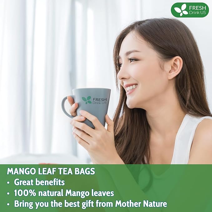 FreshDrinkUS, Premium 100 Mango Leaf Tea Bags, 100% Natural & Pure from Mango Leaves. Loose Leaf Herbal Tea. No Sugar, No Caffeine, No Gluten, Vegan.