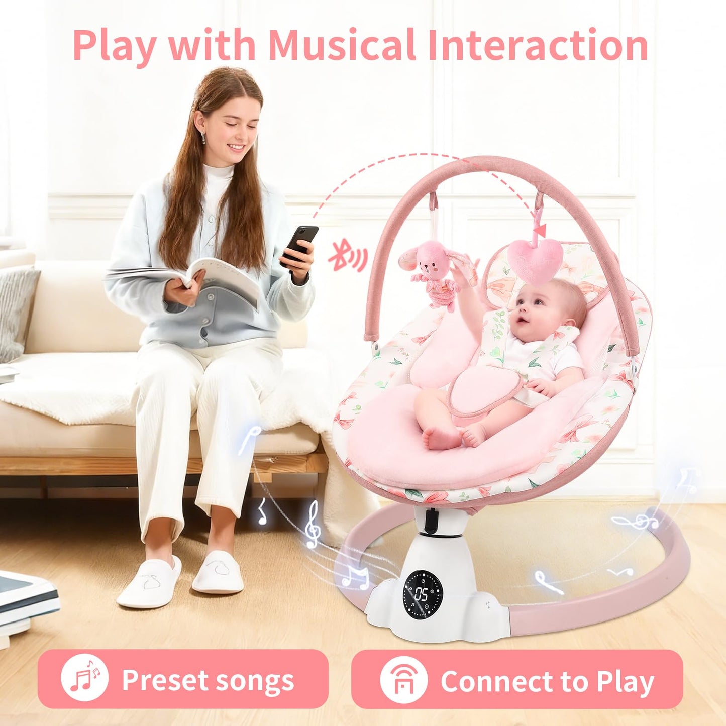 Baby Swing for Infants with 5 Swing Speeds, Portable Electric Baby Swing with Bluetooth, Remote Control & Touch Panel, 5-Point Harness, Indoor & Outdoor Use, Pink