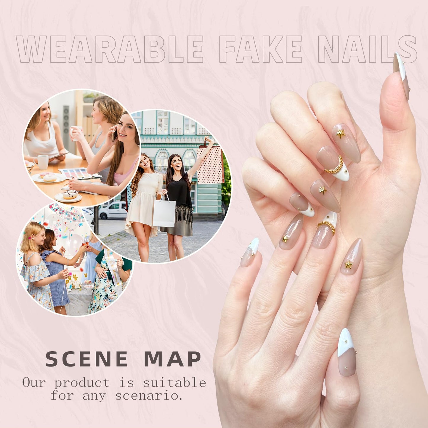 Handmade Press On Nails Medium Almond Shape - 3D Gold Metallic Embellished White French Manicure False Nails, Minimalist Spring & Summer Design | Salon Quality Reusable Fake Nails (10PCS-S)