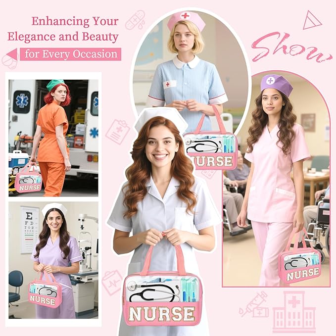 Nurses Week Gifts Chenille Letter Clear NURSE Makeup Bag for Women,Preppy Nurse Cosmetic Pouch Zipper with Handle Nurse Essentials Bag for Work Supplies,Travel Waterproof Toiletry Storage(NURSE-Pink)