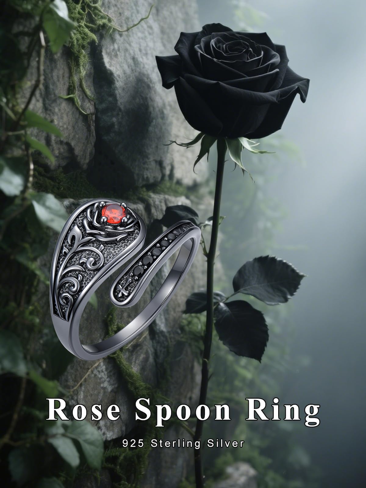 Midari Black Rose Cross Spoon Rings for Women 925 Sterling Silver Adjustable Cross Gothic Thumb Open Ring Gothic Ruby Jewelry Halloween Gifts for Women